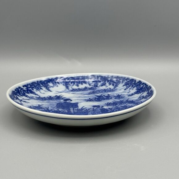 Vtg Unmarked Asian Geisha Girls Near Water Porcelain Decorative Plate Blue White - Picture 5 of 6